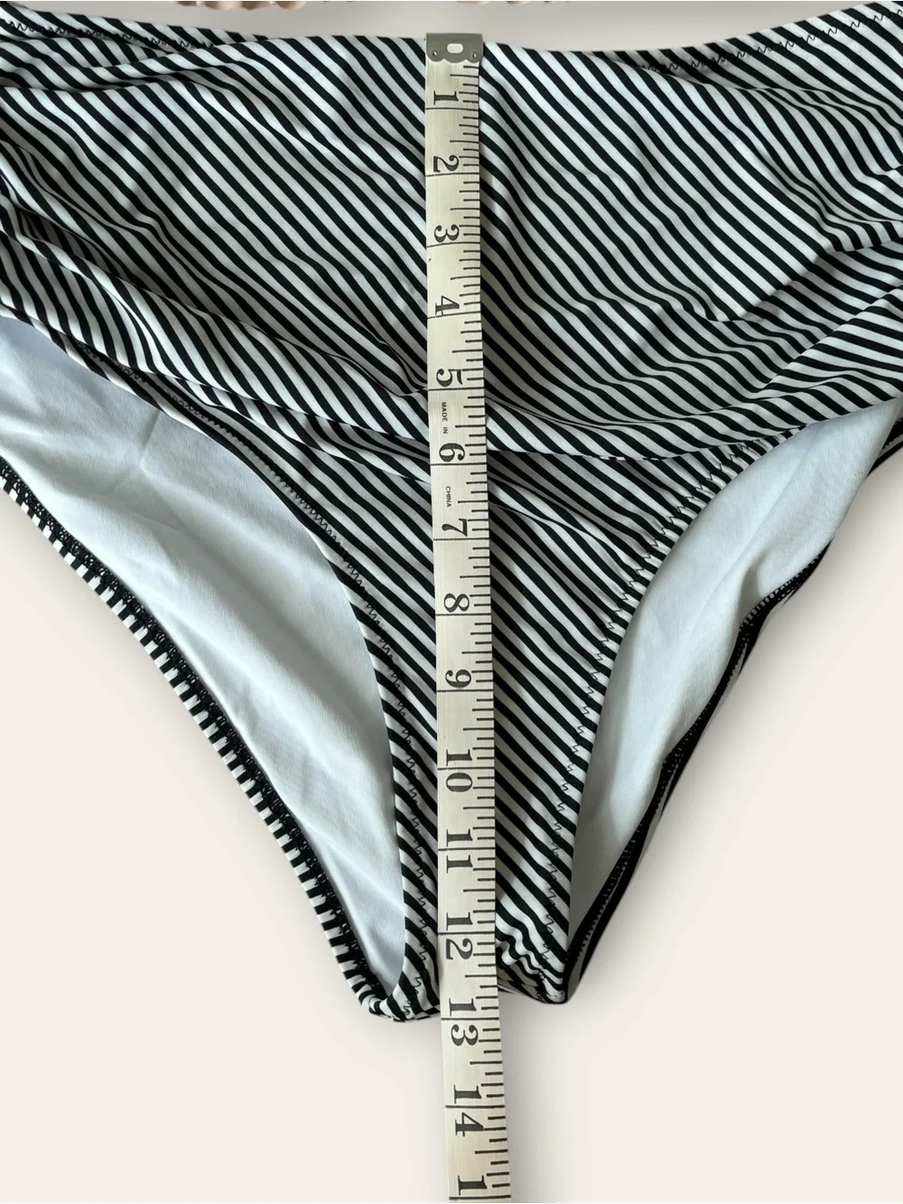 Ruffled Pale Pink Bikini Top with Black & White Striped High-Waist Bottoms